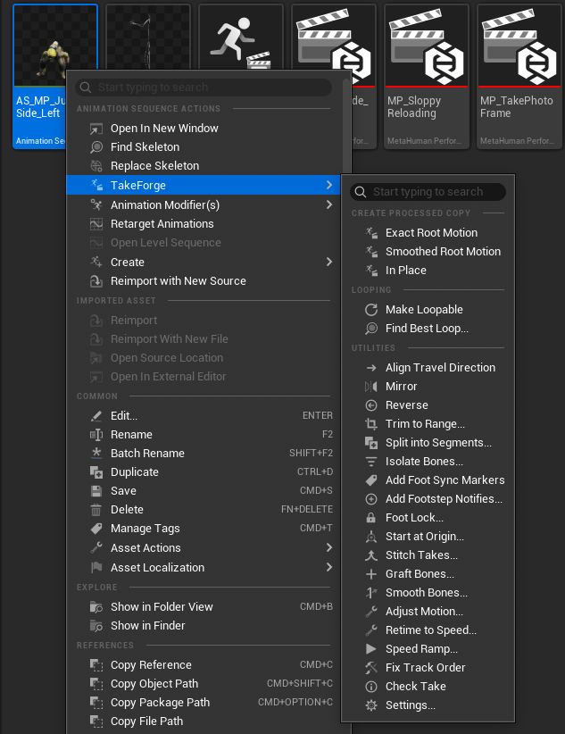 The TakeForge context menu on an Animation Sequence