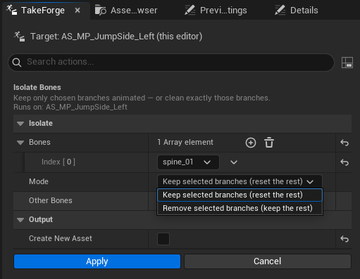 Both directions: keep the selected branches, or remove exactly them