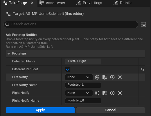 Footstep Notifies options with per-foot notifies enabled