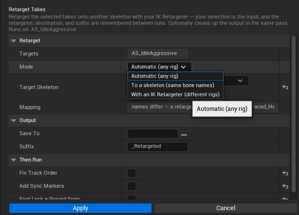Retarget Takes, with the mode dropdown open on Automatic